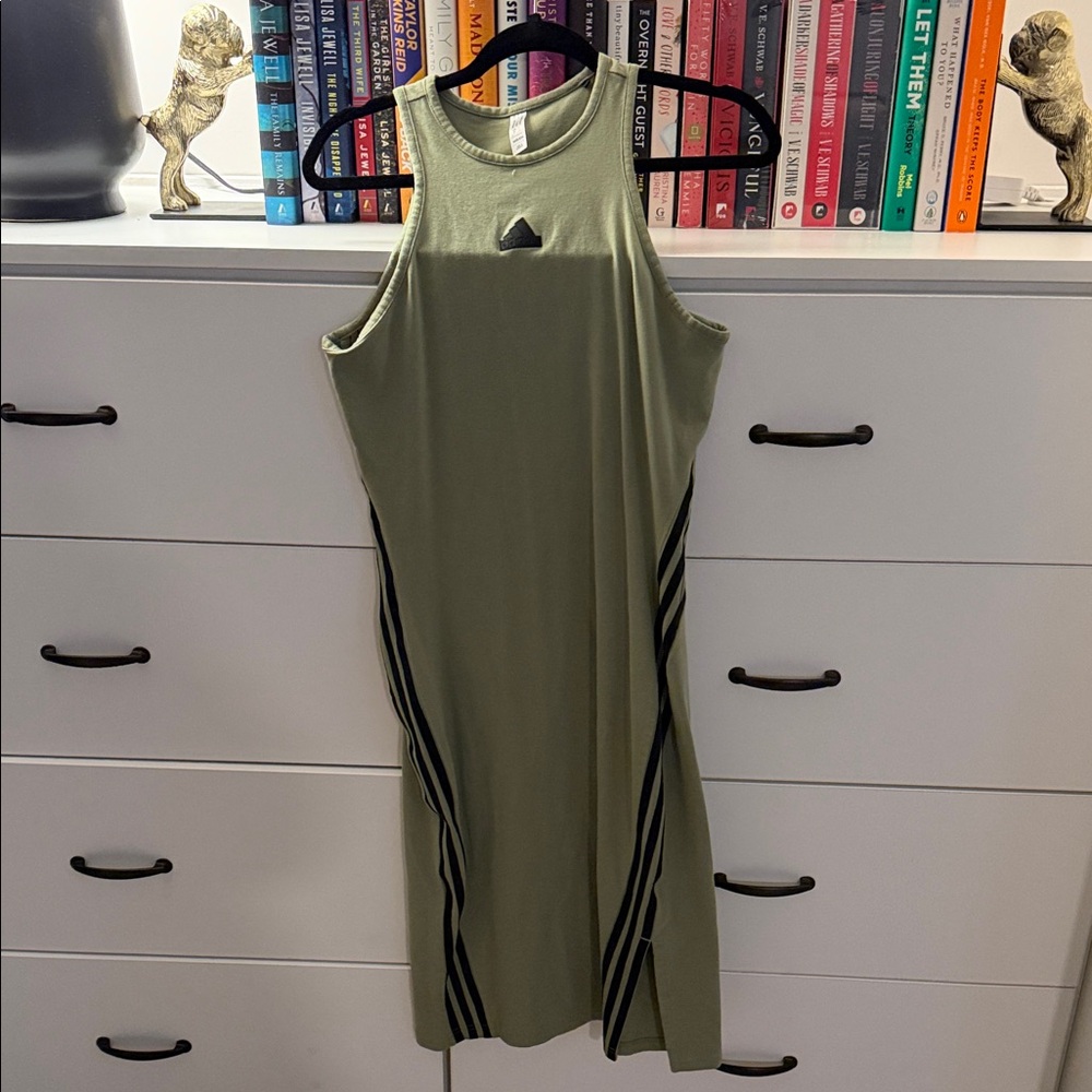 adidas Olive Sleeveless Maxi Dress with Black Stripes
